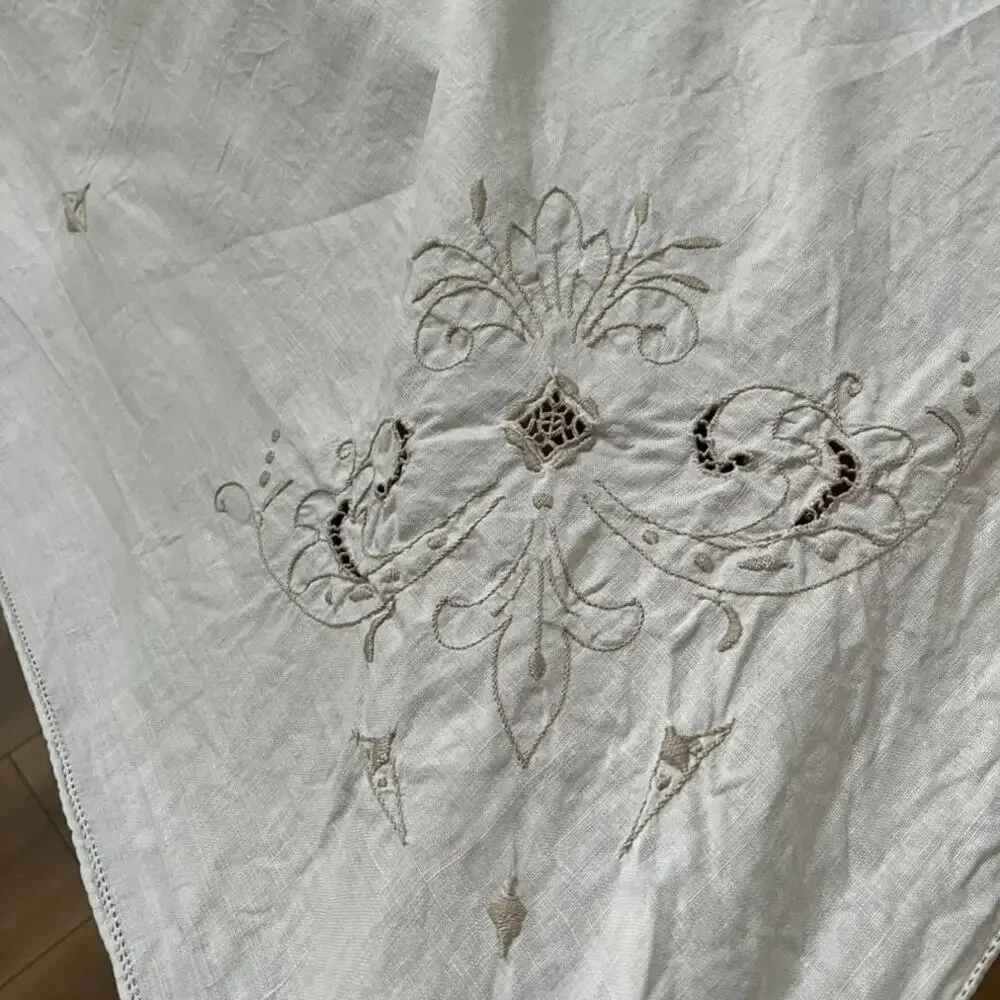 Vtg 1 Tablecloth & 10 Napkins Off-white Linen Taupe Embroidered Openwork Madeira
